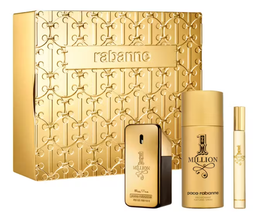 Gift set Rabanne 1 Million 3 pcs: 3.4 Oz EDT + 5.1 Oz Desodorante en Spray + 0.34 Oz EDT perfume tamaño viajero
