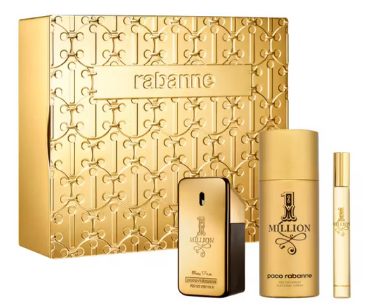 Gift set Rabanne 1 Million 3 pcs: 3.4 Oz EDT + 5.1 Oz Desodorante en Spray + 0.34 Oz EDT perfume tamaño viajero