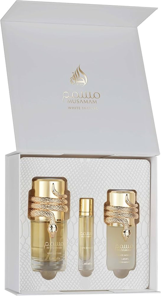 GIFT SET LATTAFA MUSAMAN WHITE INTENSE U 3PC 3.4OZ EDP 0.40 OZ 1.7HM