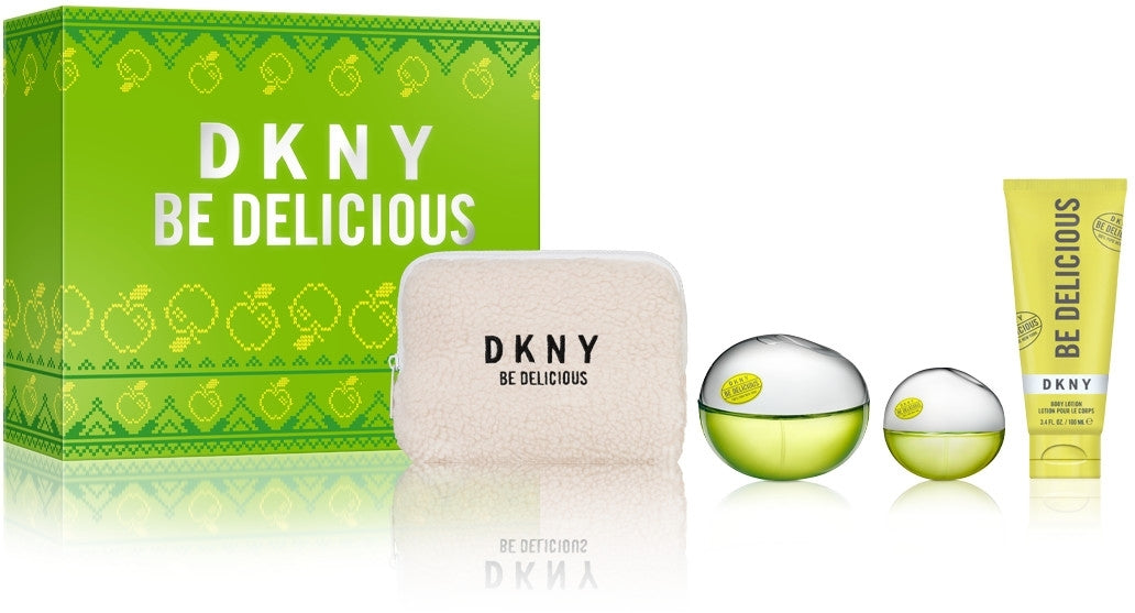 Set DKNY Be Delicious (4pc) 3.4 Oz EDP/15 ml EDP /3.4 Oz Body Lotion / Pouch Women- Donna Karan